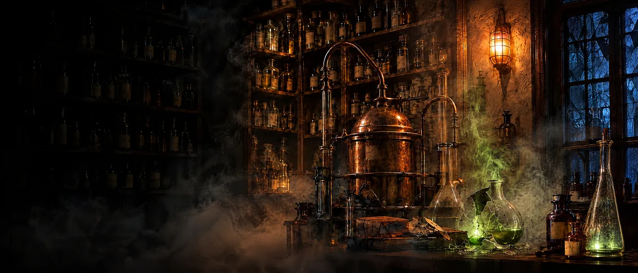 Gemalte Szene zur Geschichte des mysteriösen Labors: ein altes Apothekenlabor nach einer Verpuffung, mit Kupferkessel, Glaskolben, Nebel und grünem Schimmer