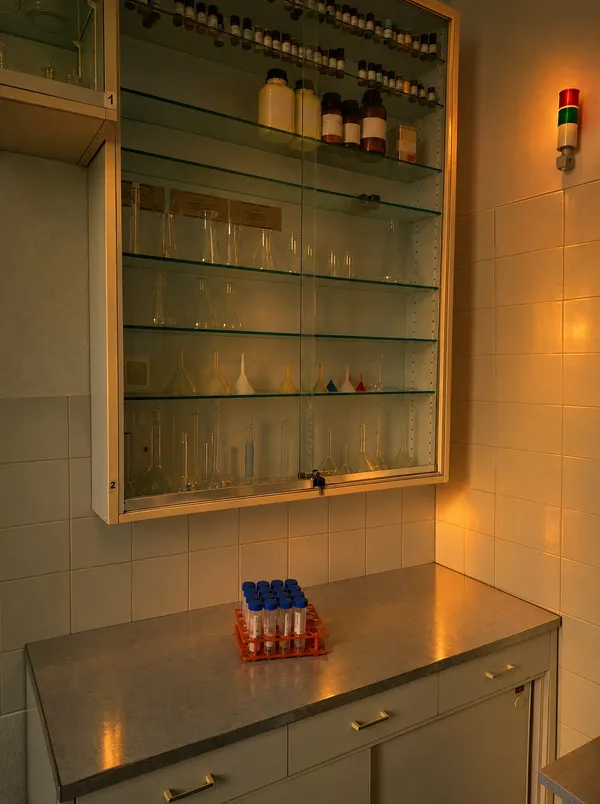 Glasschrank mit Chemikalien und Laborglas über einer Arbeitsplatte mit Reagenzgläsern