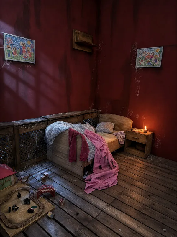 Kinderzimmer mit Bett, Nachttisch und Kinderzeichnungen an der roten Wand