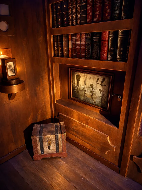 Bücherwand mit einem Bild hinter Glas, davor eine verschlossene Truhe