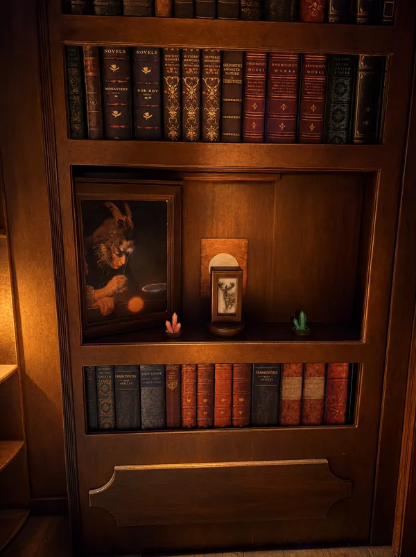 Bücherregal mit dem Bild einer gehörnten Gestalt und zwei Kristallen